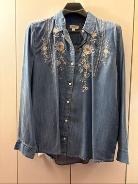 Style & Co. Blue Denim Button-Down Shirt with Cream Floral Embroidery